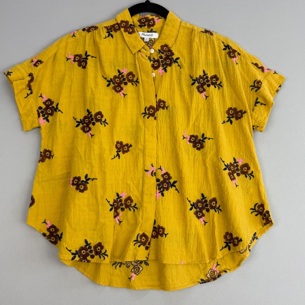 Madewell Embroidered Hilltop Shirt Boho Chic Mustard Yellow Floral Swiss Dot XS